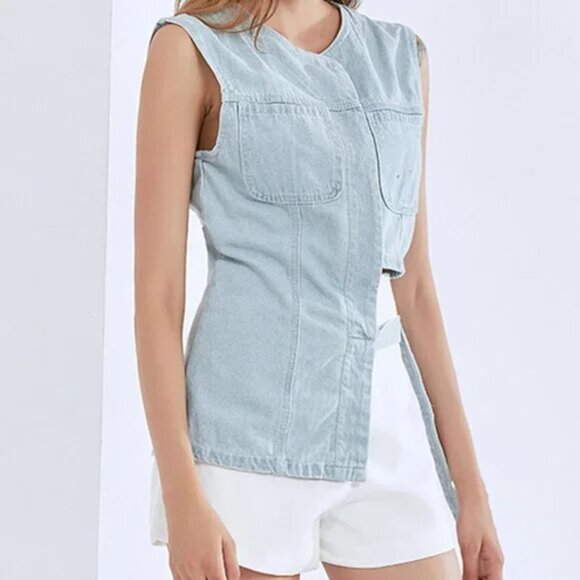 Cutout Sleeveless Denim Vest Jacket With Half Tie Belt - Picture 2 of 6